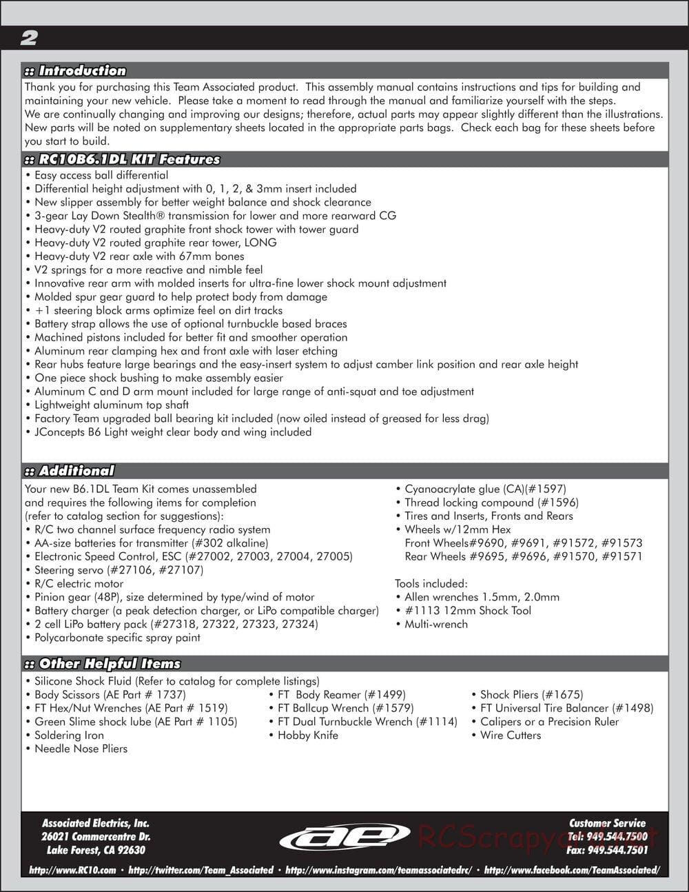Team Associated - RC10 B6.1DL Team Kit - Manual - Page 2