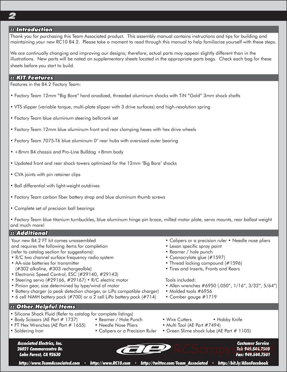 Team Associated - RC10 B4.2 Factory Team - Manual - Page 2