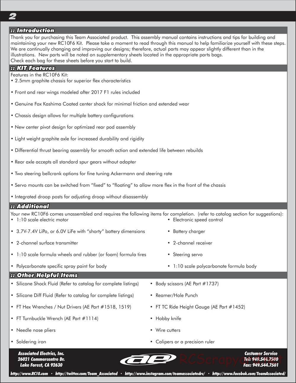 Team Associated - RC10 F6 Factory Team - Manual - Page 2