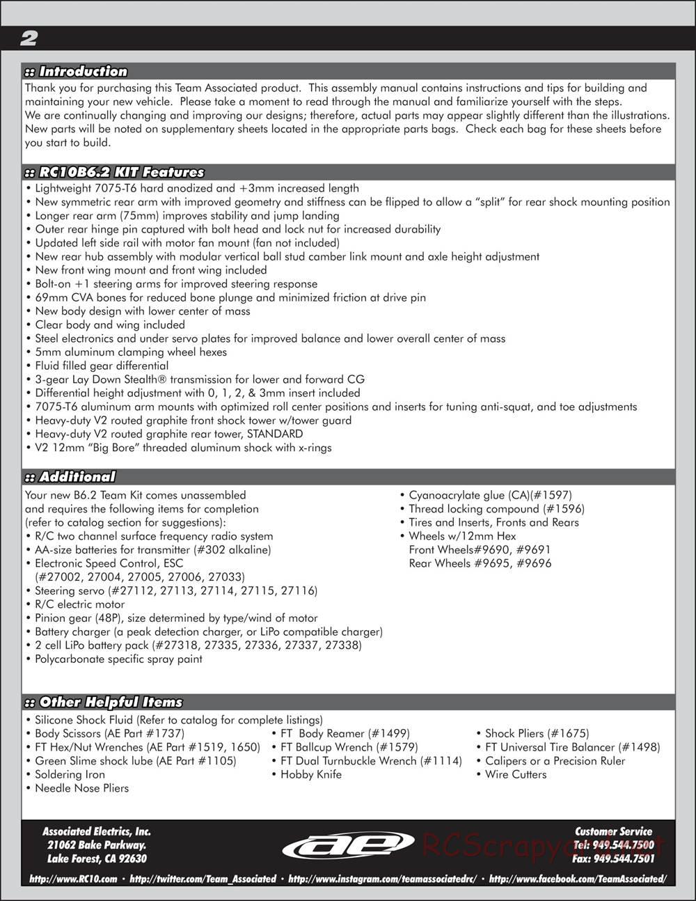 Team Associated - RC10 B6.2 Team - Manual - Page 2