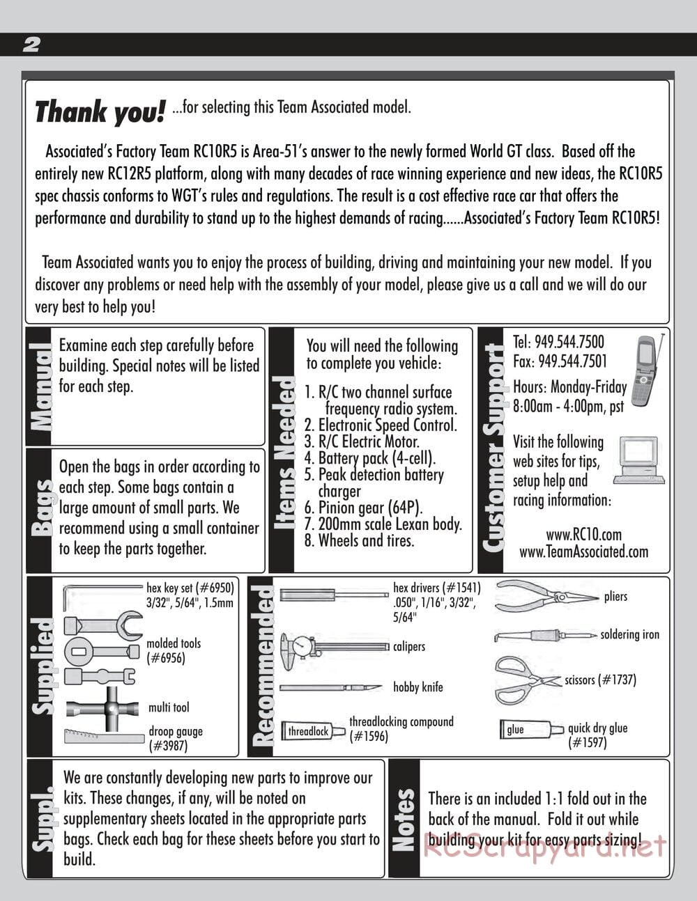 Team Associated - RC10R5 Factory Team - Manual - Page 2