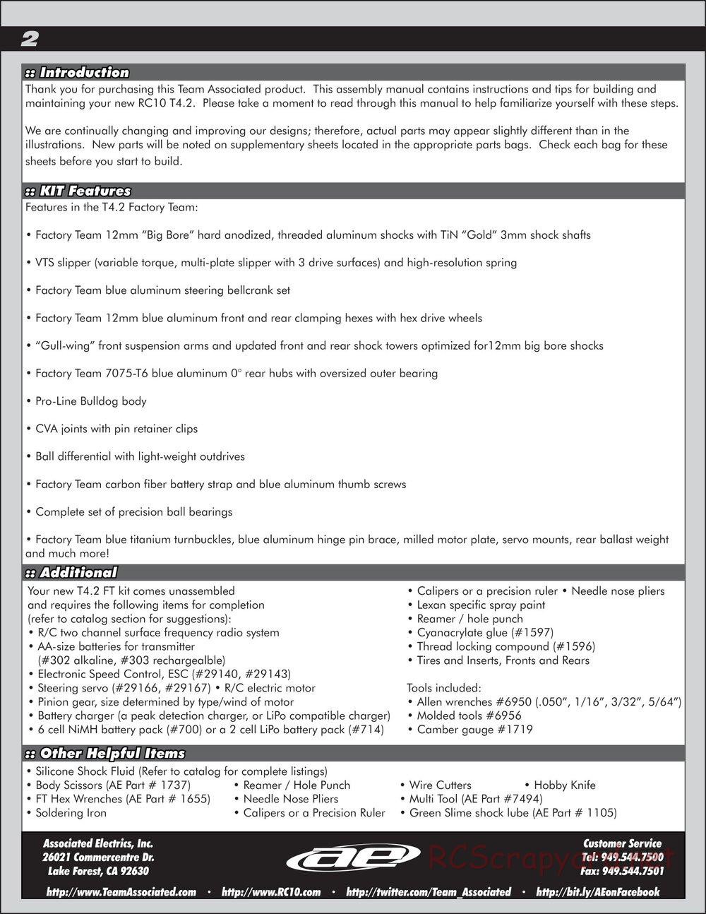 Team Associated - RC10T4.2 Factory Team - Manual - Page 2