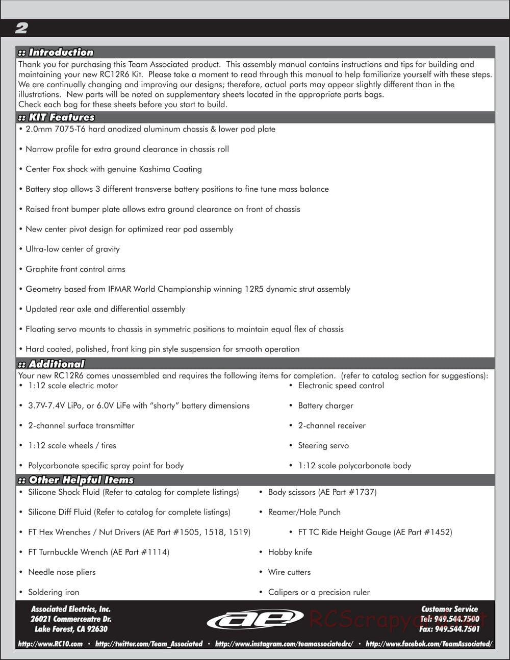 Team Associated - RC12R6 Factory Team - Manual - Page 2