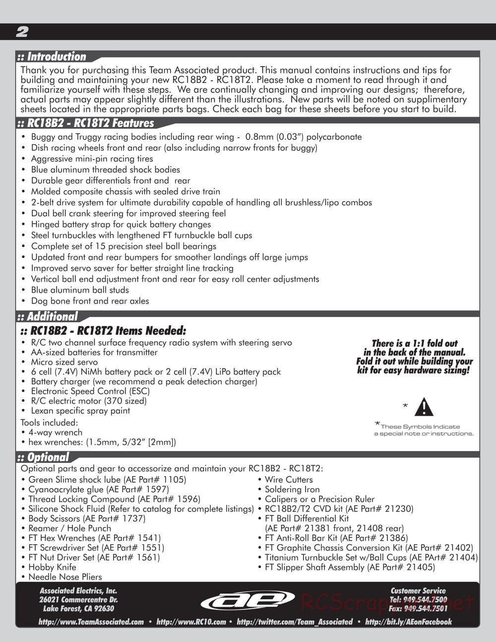 Team Associated - RC18B2/T2 Team Kit - Manual - Page 2