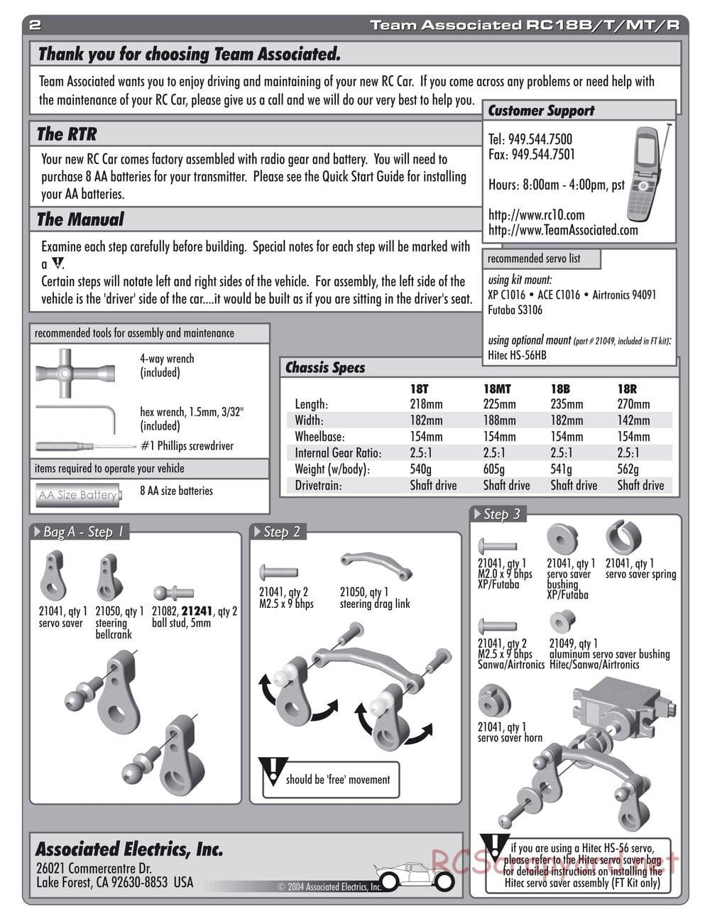 Team Associated - RC18 - Manual - Page 2