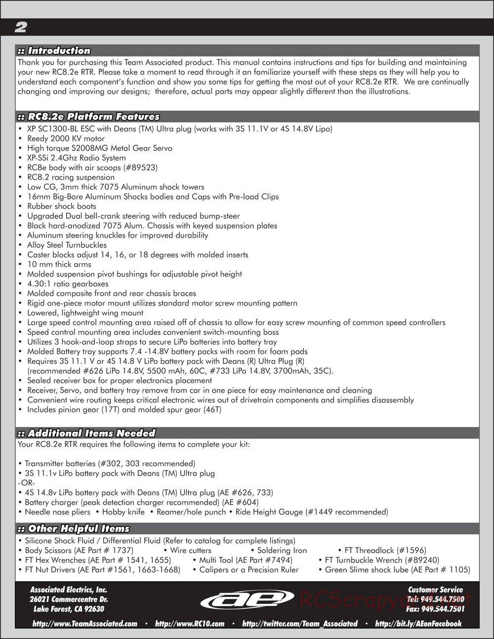 Team Associated - RC8.2e Race Spec - Manual - Page 2