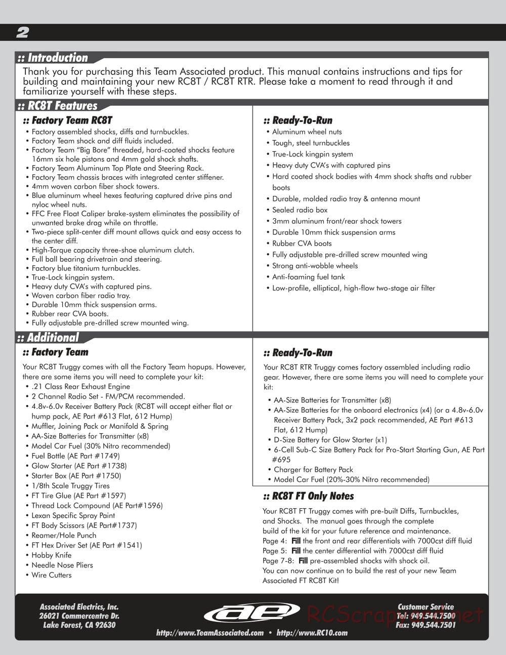 Team Associated - RC8T Factory Team - Manual - Page 2