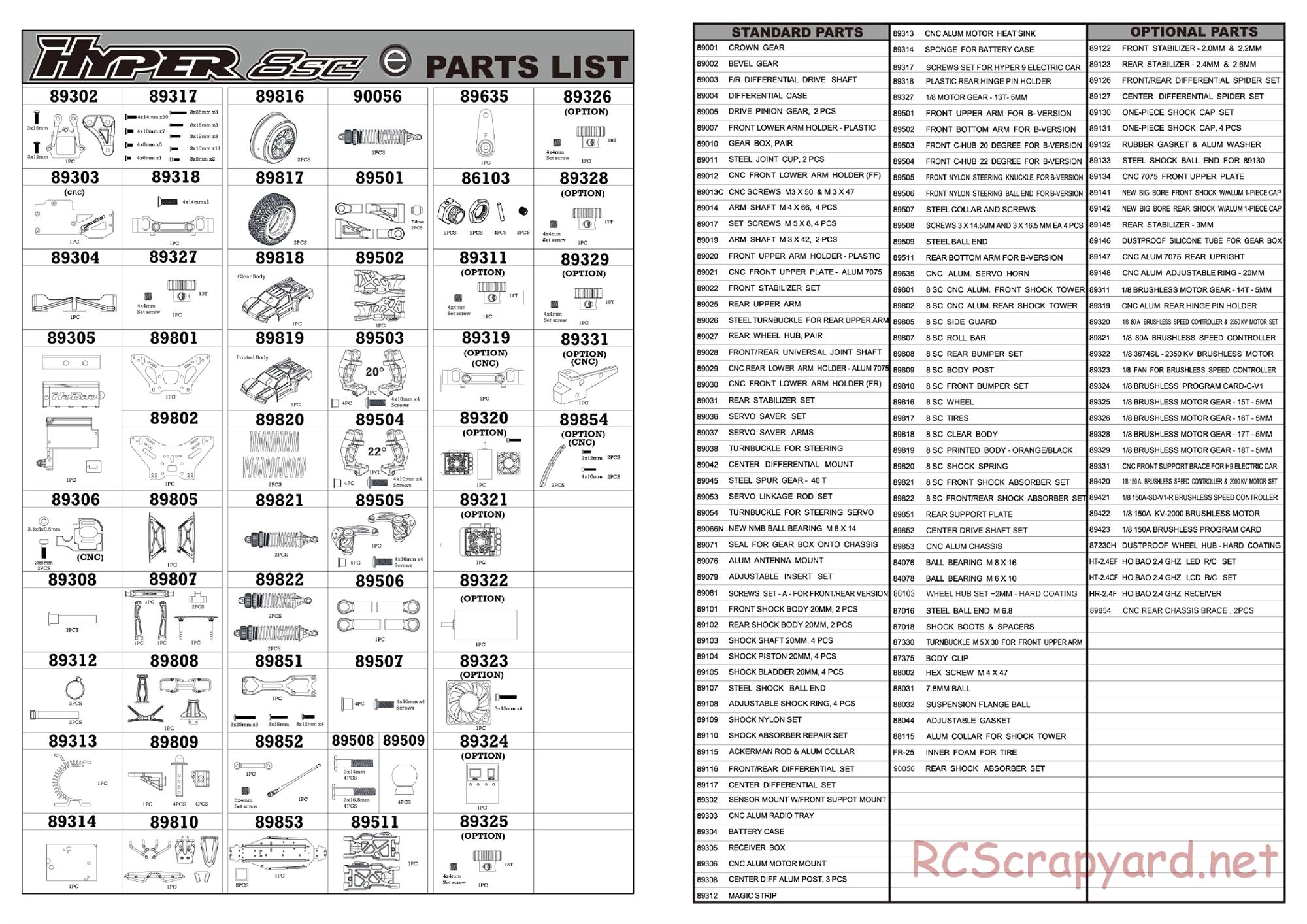 Hobao - Hyper 8SC-e - Parts List