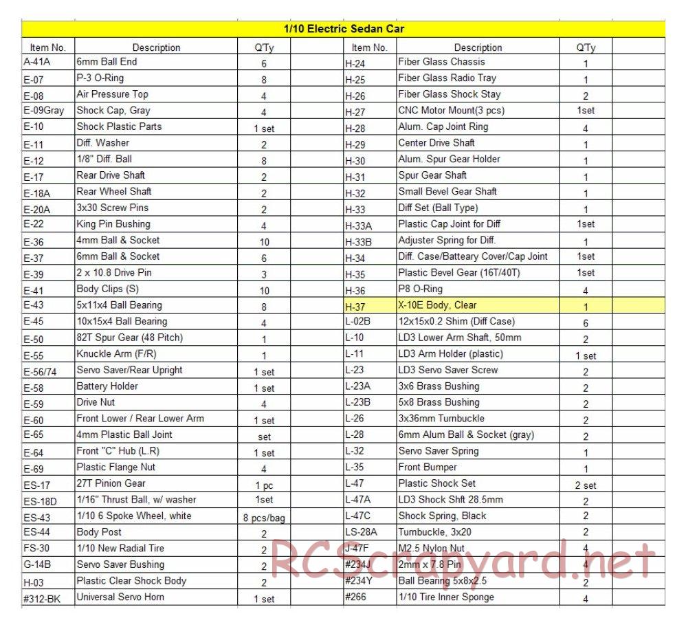 Hong-Nor - X10-E - Parts List