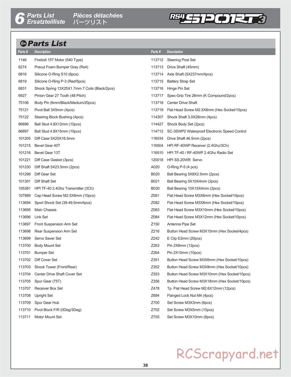 HPI - RS4 Sport 3 - Exploded View - Page 38