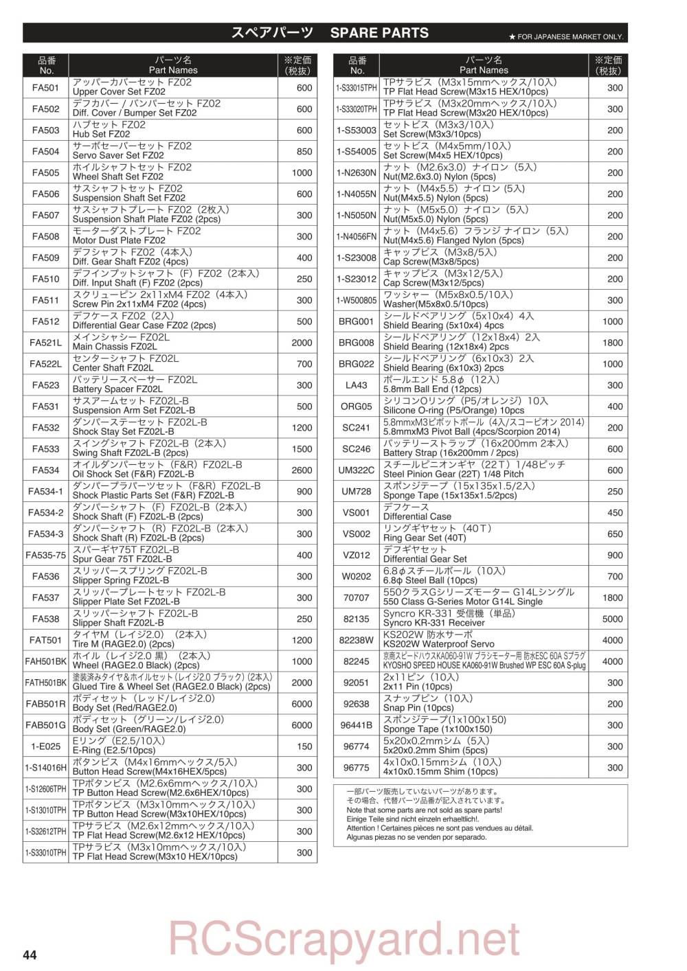 Kyosho Fazer Mk2 Rage 2.0 - 34411 - Parts