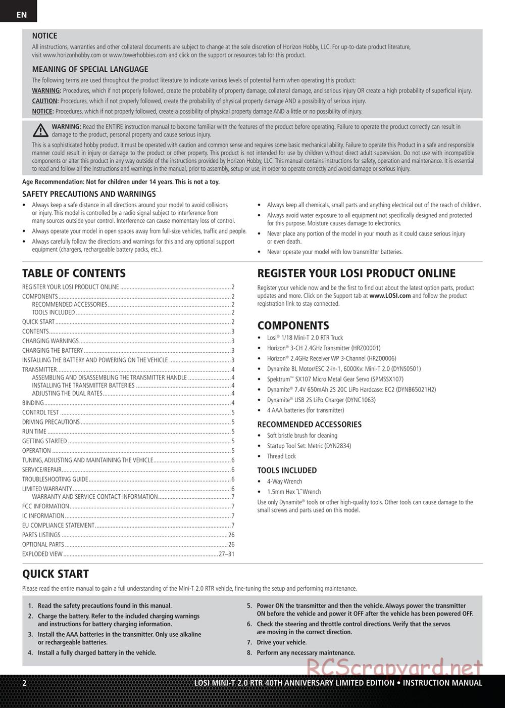 Team Losi - Mini-T 2.0 Limited Edition - Manual - Page 2