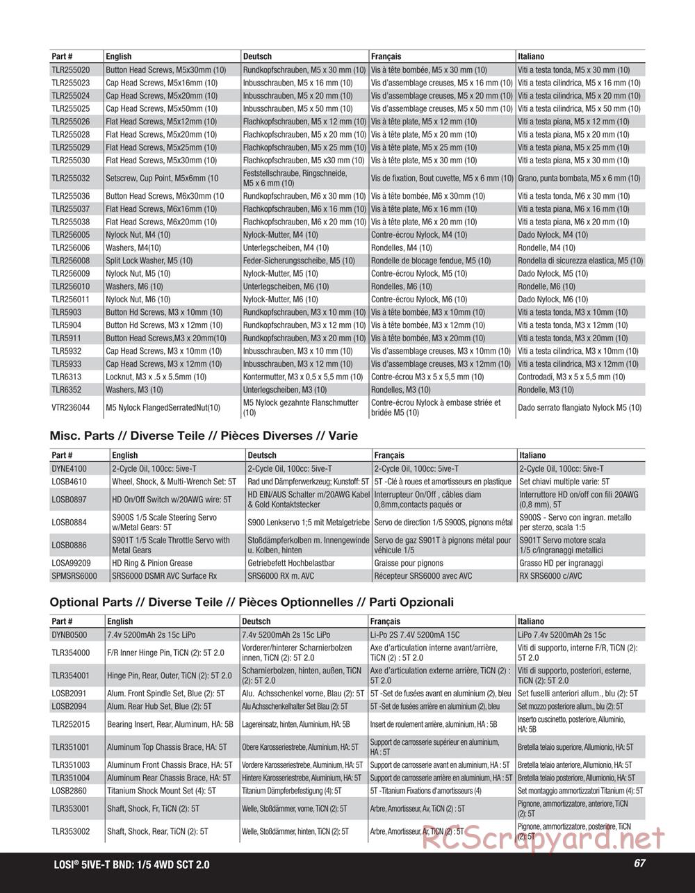 Team Losi - 5ive-T 2.0 SCT - Manual - Page 67