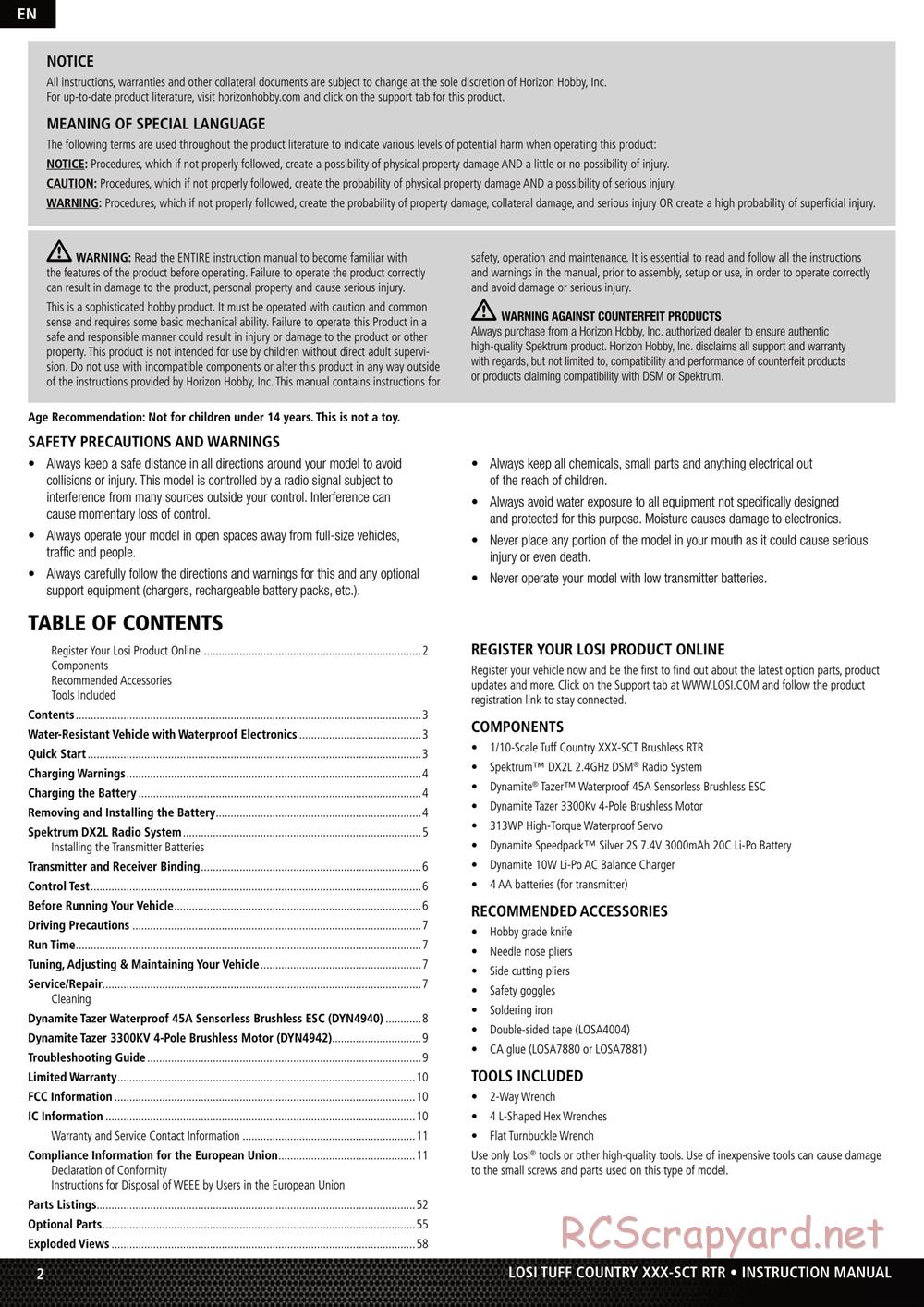 Team Losi - XXX SCT Brushless - Tuff Country - Manual - Page 2