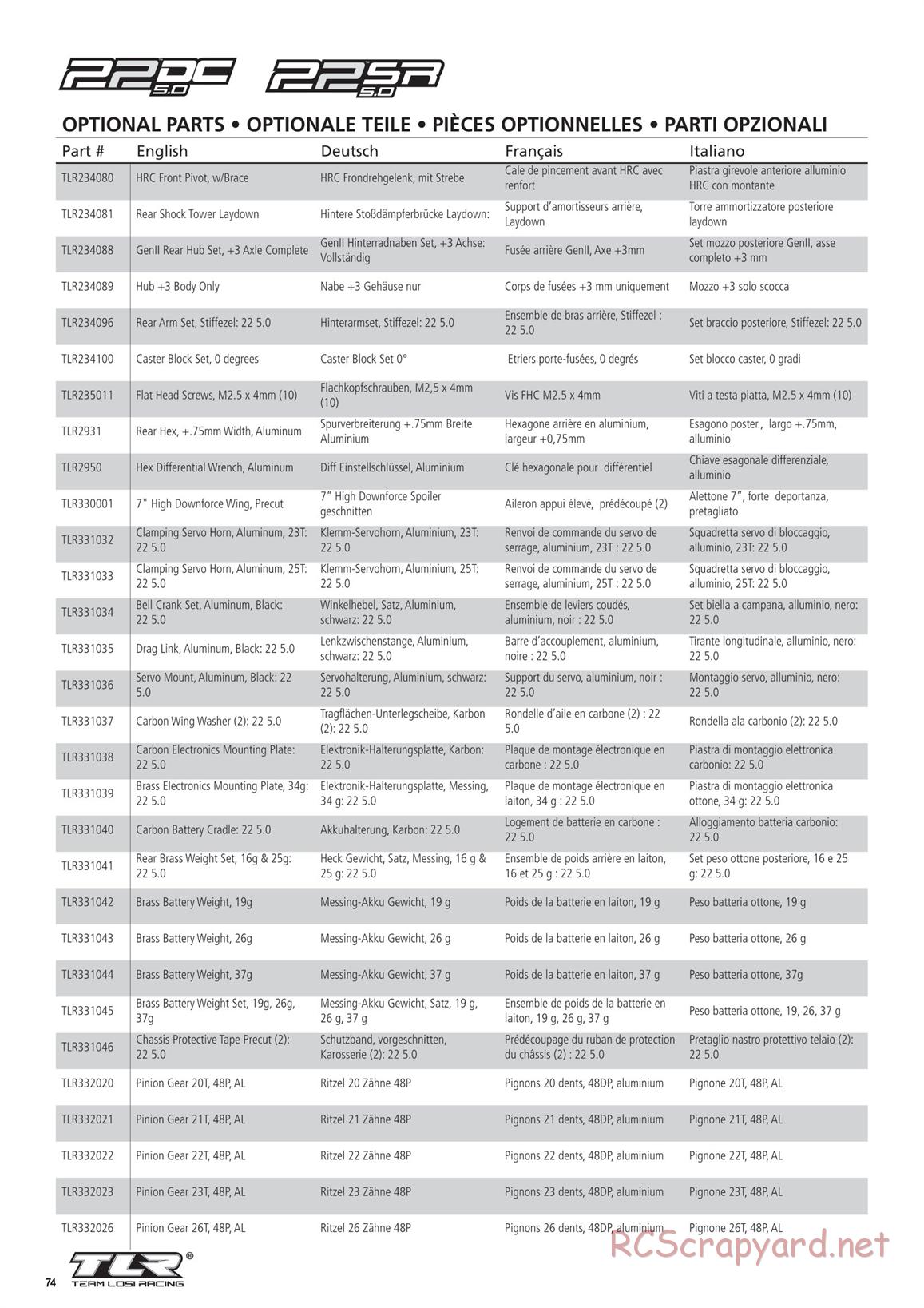 Team Losi - TLR 22 5.0 SR Race Spec - Manual - Page 74