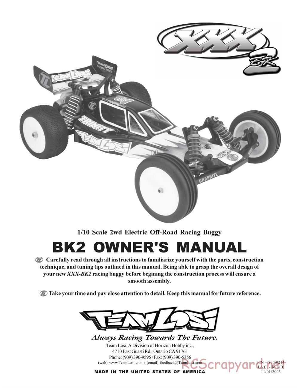 Team Losi - XXX BK2 - Kinwald Edition - Manual - Page 1