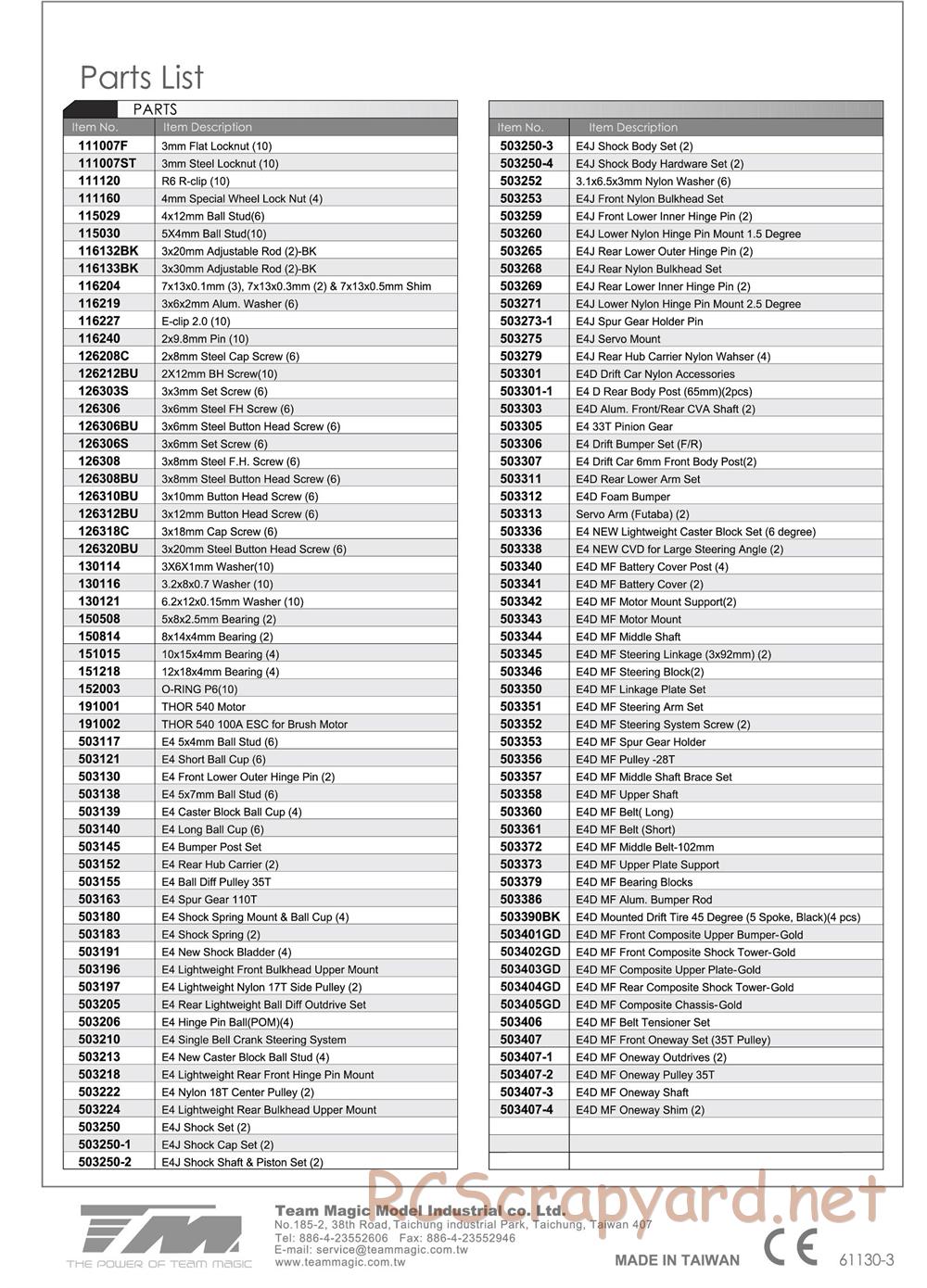 Team Magic - E4D-MF Gold Chassis - Parts List