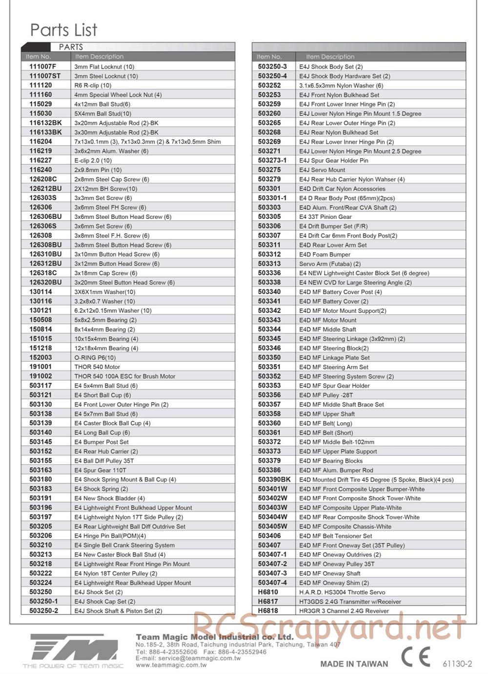 Team Magic - E4D-MF Silver Chassis - Parts List