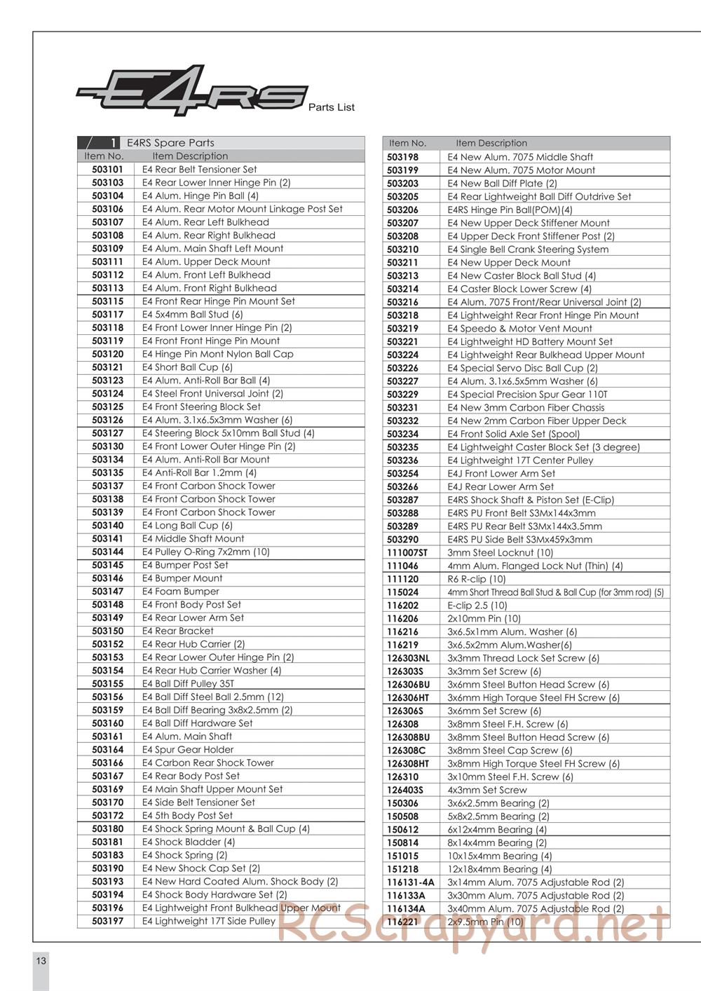 Team Magic - E4-RS - Parts List