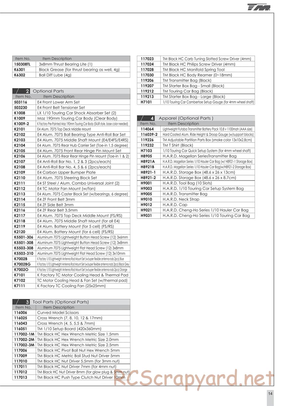 Team Magic - E4-RS - Parts List