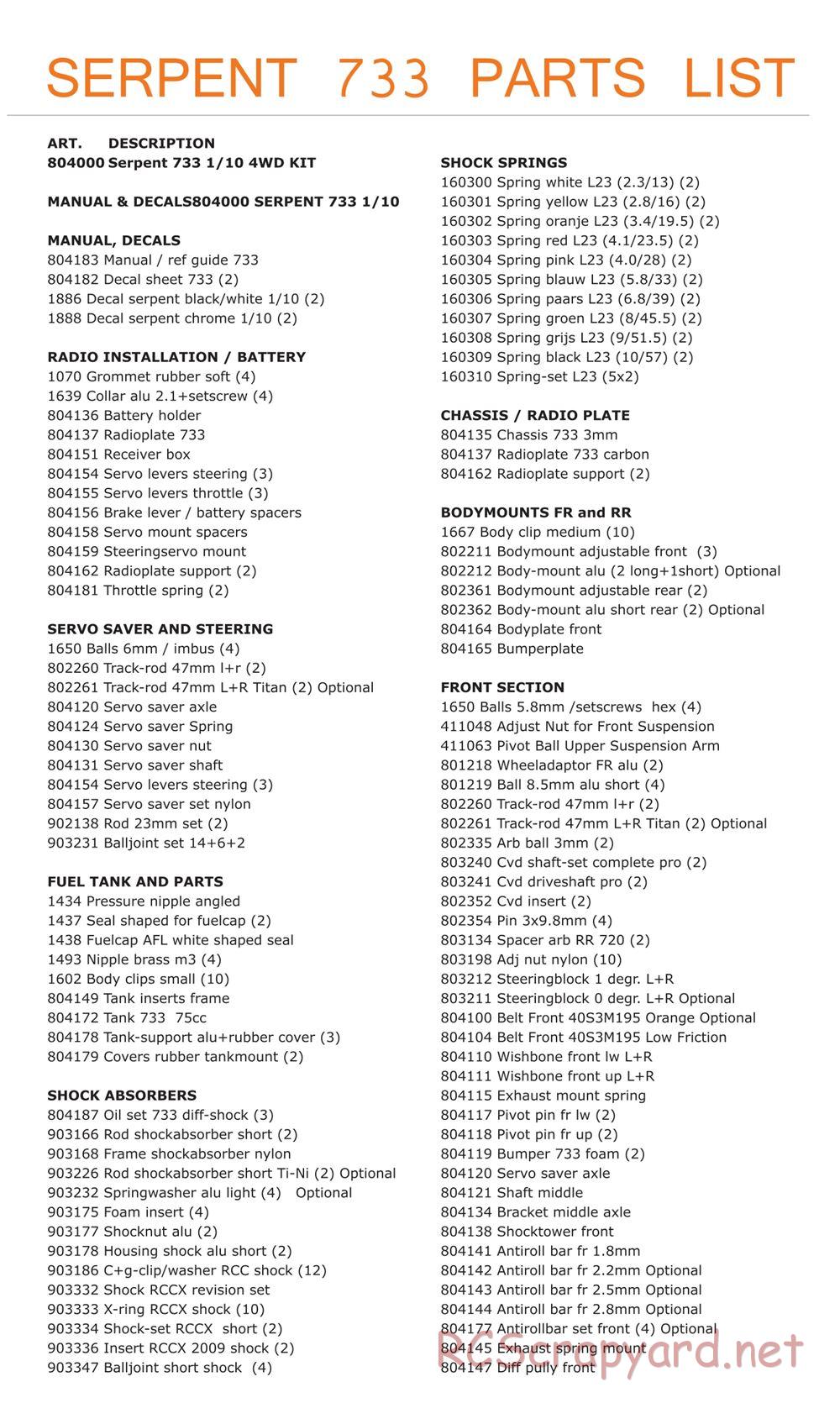 Serpent - 733 - Exploded View and Parts List - Page 9