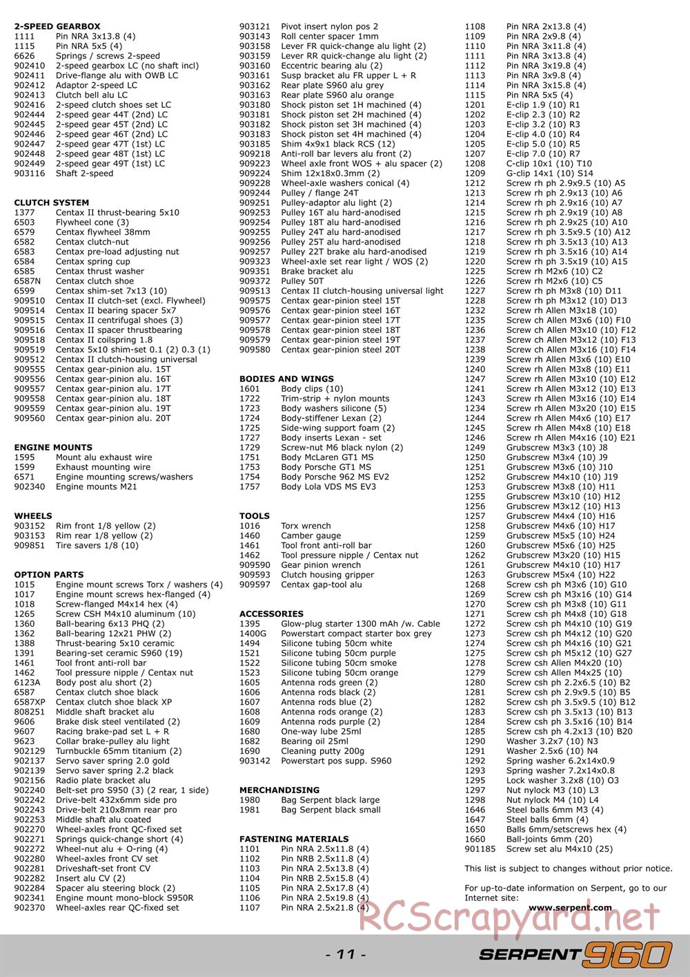 Serpent - 960 - Exploded View and Parts List - Page 11