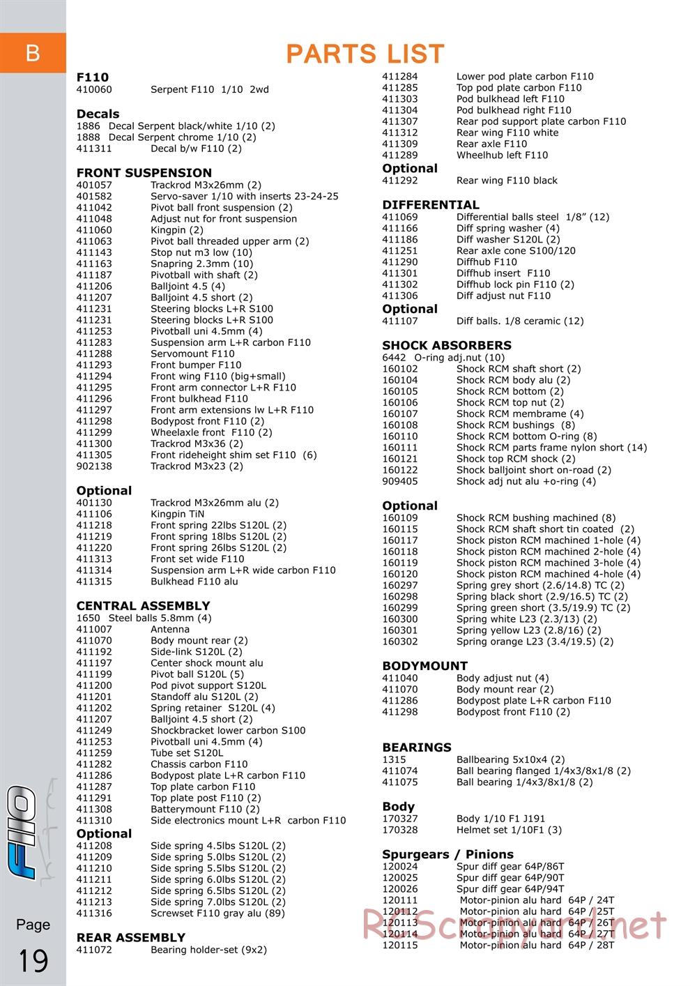 Serpent - F110 Formula 1/10 - Manual - Page 19