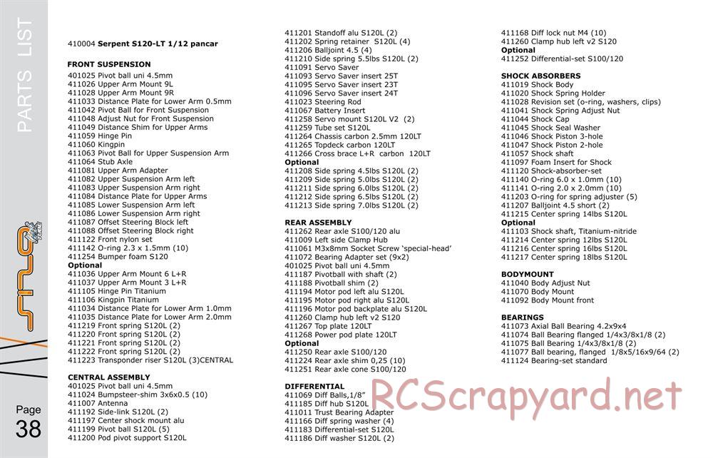 Serpent - S120 Link Tube - Manual - Page 38