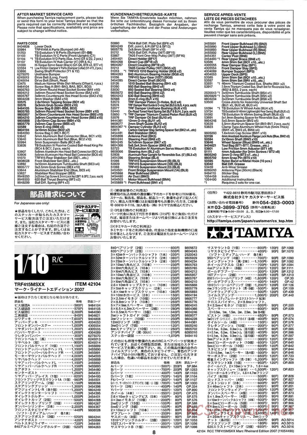 Tamiya - TRF415 MSXX - Marc Rheinard Edition 2007 Chassis - Manual - Page 8