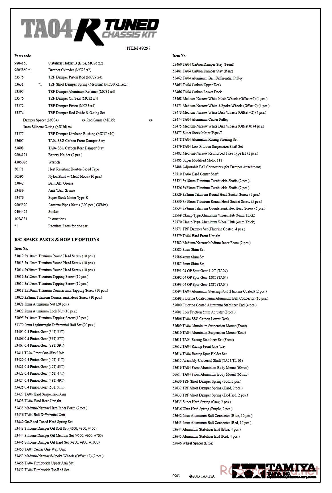 Tamiya - TA-04R Tuned Chassis - Parts List - Page 2