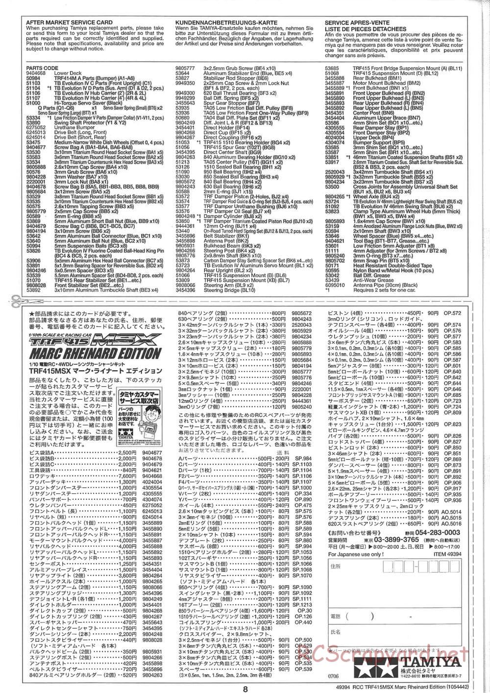 Tamiya - TRF415-MSX Marc Rheinard Edition Chassis - Manual - Page 8