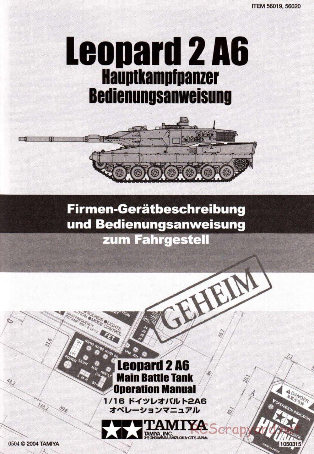 Tamiya - Leopard 2 A6 - 1/16 Scale Chassis - Operation Manual - Page 1