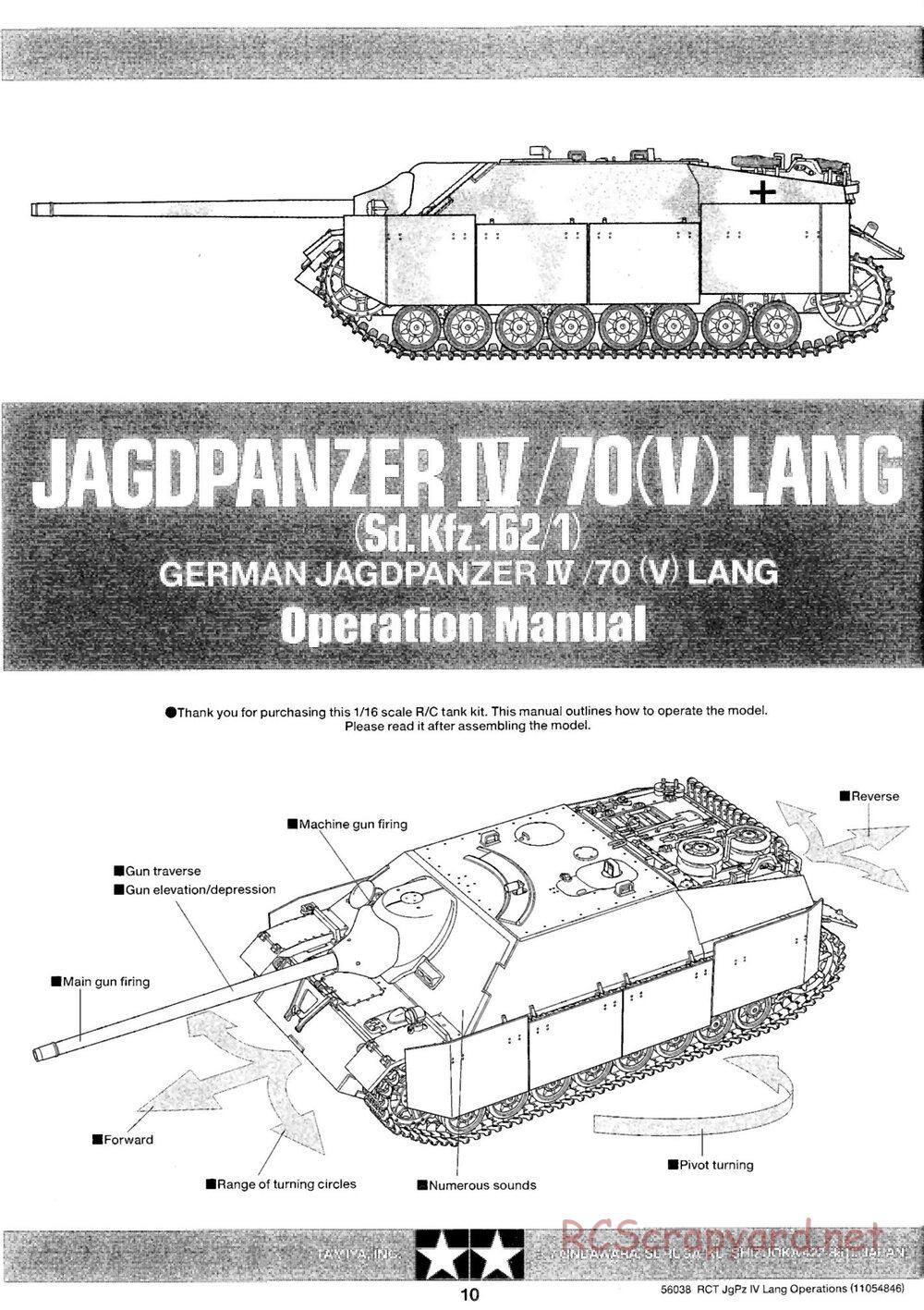 Tamiya - Jagdpanzer IV/70(V) Lang - 1/16 Scale Chassis - Operation Manual - Page 1