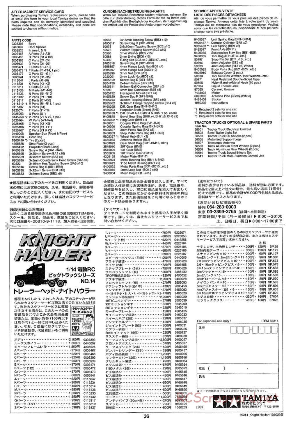 Tamiya - Knight Hauler Tractor Truck Chassis - Manual - Page 36