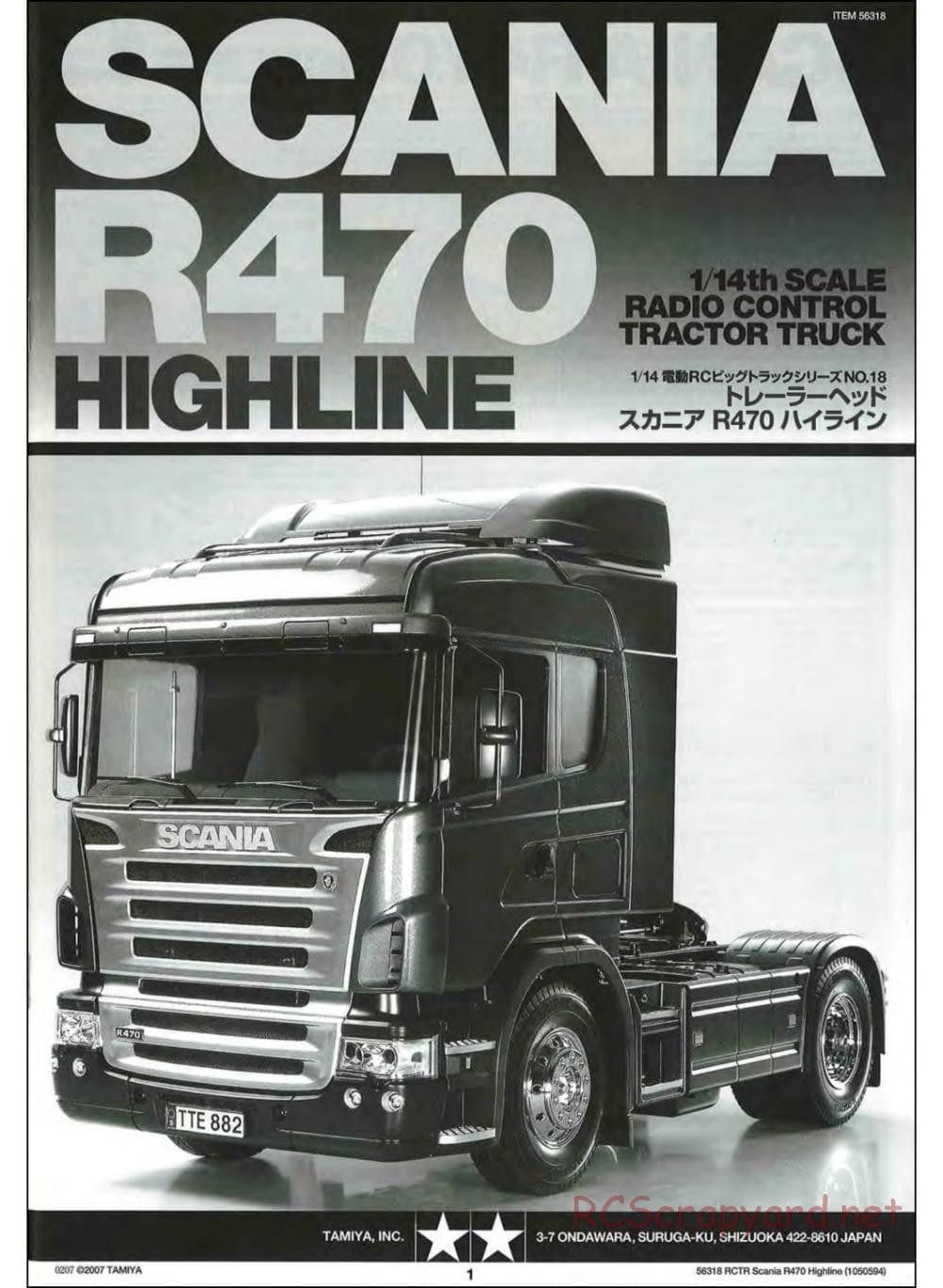Tamiya - Scania R470 Highline Tractor Truck Chassis - Manual - Page 1