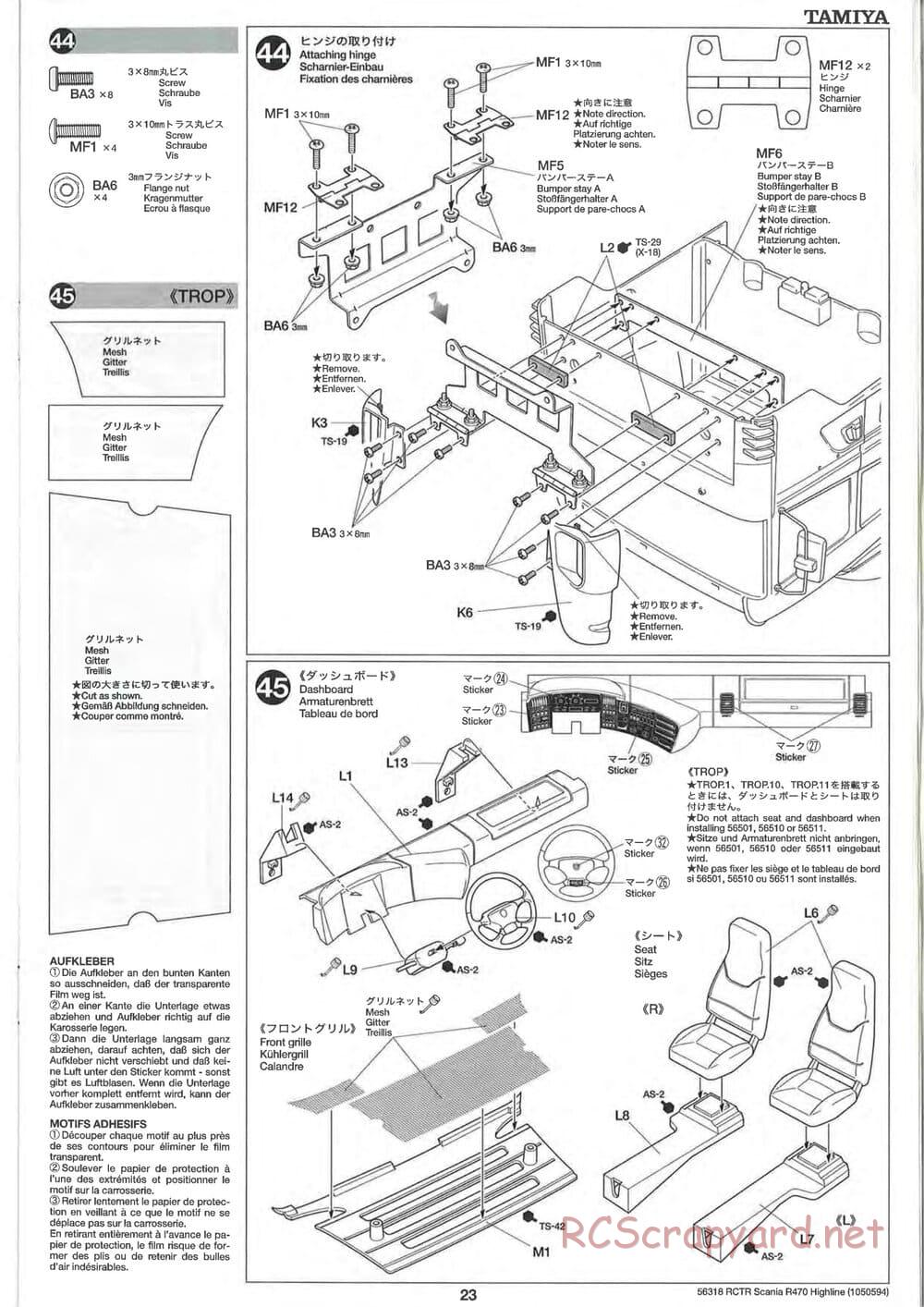 Tamiya - Scania R470 Highline Tractor Truck Chassis - Manual - Page 23