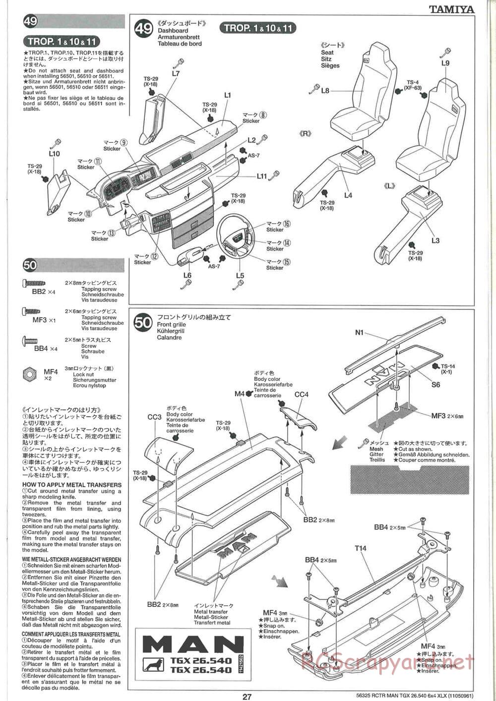 Tamiya - MAN TGX 26.540 6x4 XLX Tractor Truck Chassis - Manual - Page 27
