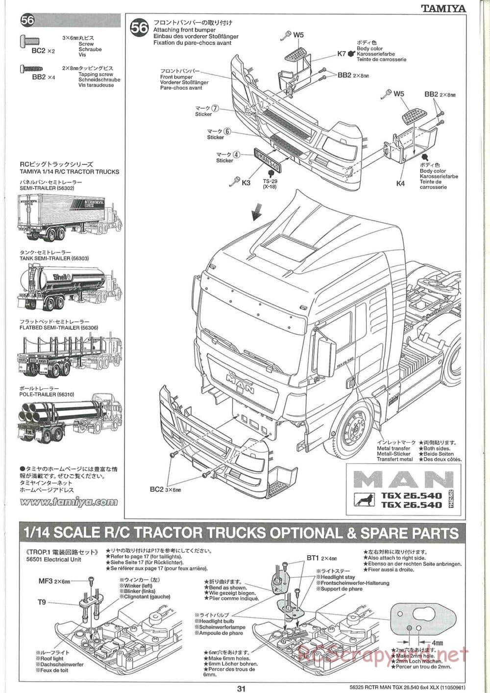 Tamiya - MAN TGX 26.540 6x4 XLX Tractor Truck Chassis - Manual - Page 31