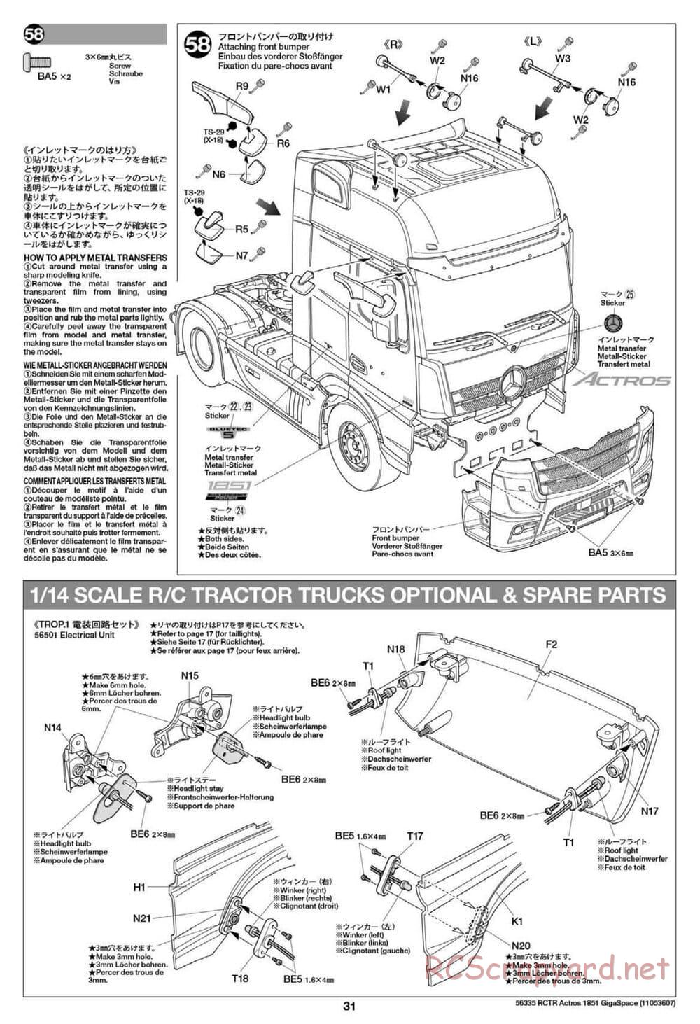 Tamiya - Mercedes-Benz Actros 1851 Gigaspace Tractor Truck Chassis - Manual - Page 31
