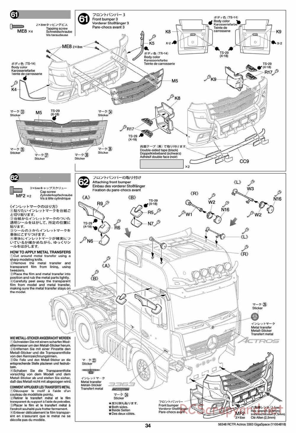 Tamiya - Mercedes-Benz Actros 3363 6x4 GigaSpace Tractor Truck Chassis - Manual - Page 34