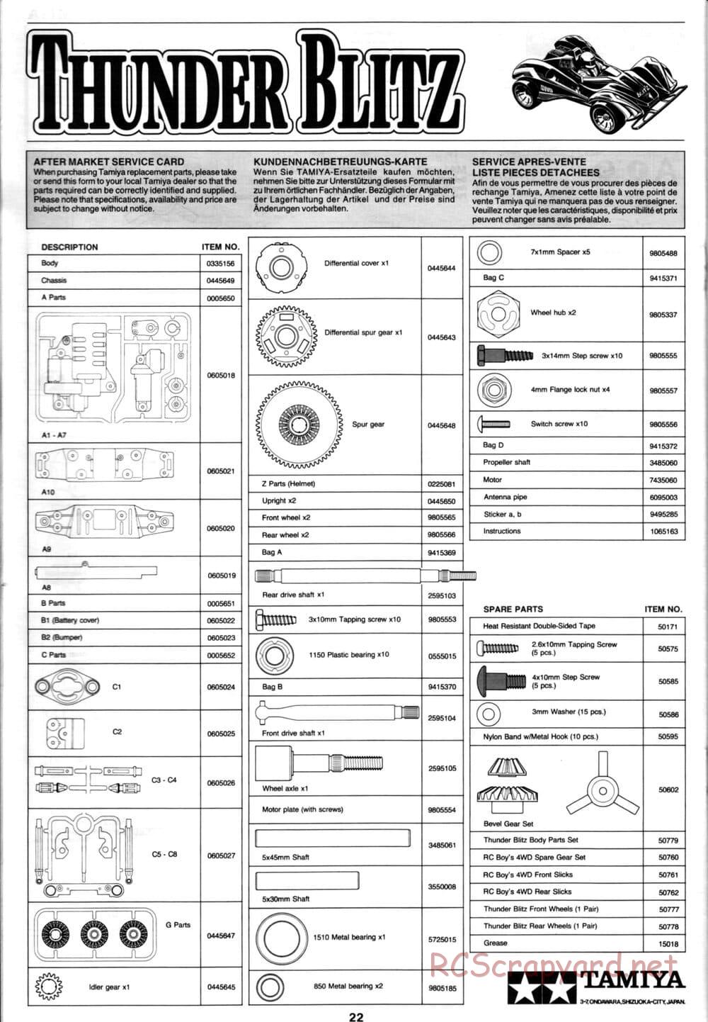 Tamiya - Thunder Blitz - Boy's 4WD Chassis - Manual - Page 22