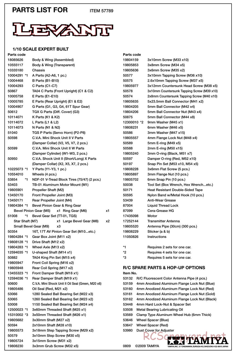 Tamiya - XB Levant Brushless - TB-01 Chassis - Parts List - Page 1