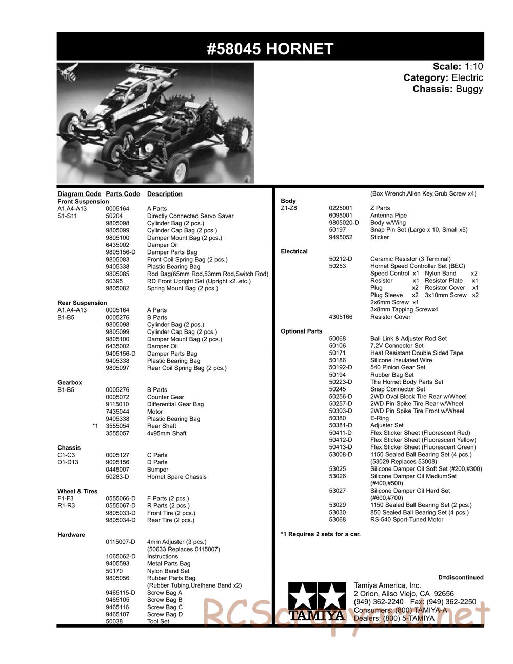 Tamiya - The Hornet - 58045 - Parts List