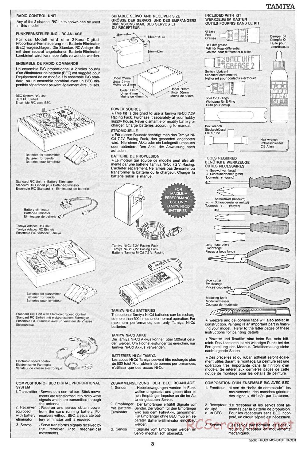 Tamiya - Toyota Hilux Monster Racer - 58086 - Manual - Page 3