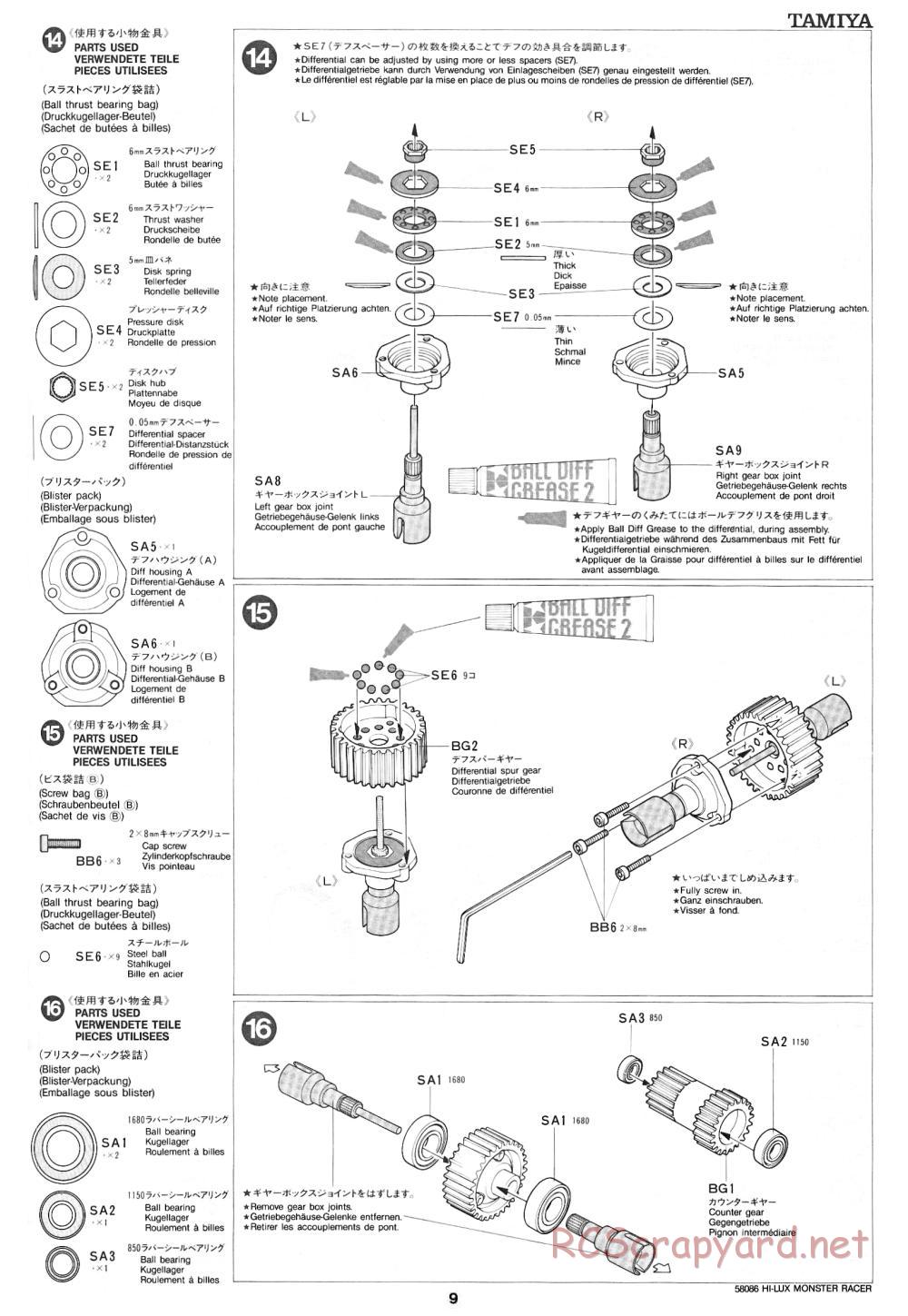 Tamiya - Toyota Hilux Monster Racer - 58086 - Manual - Page 9