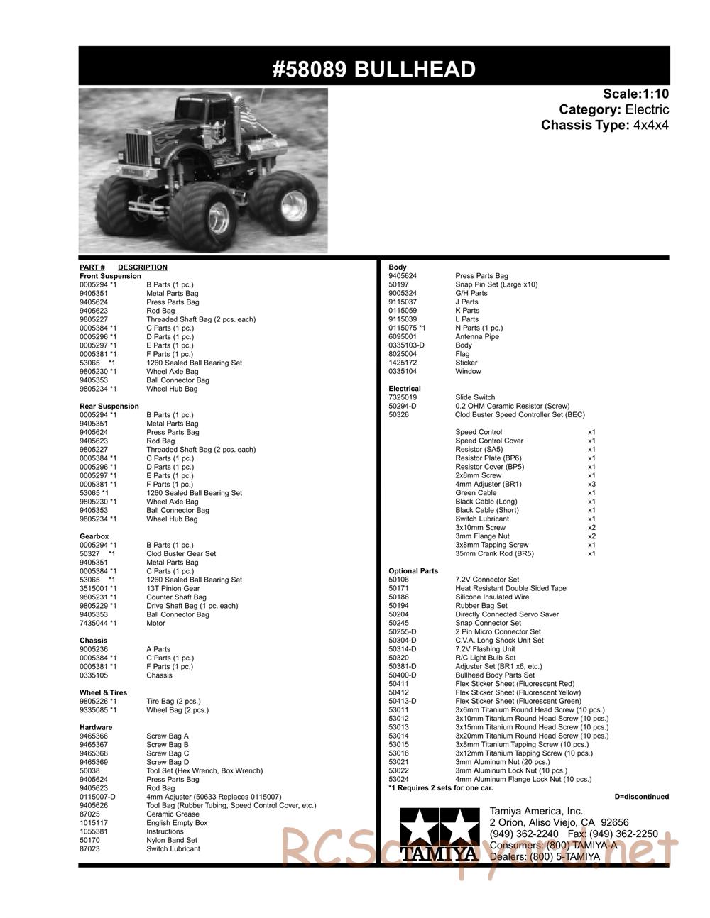 Tamiya - Bullhead - 58089 - Parts List