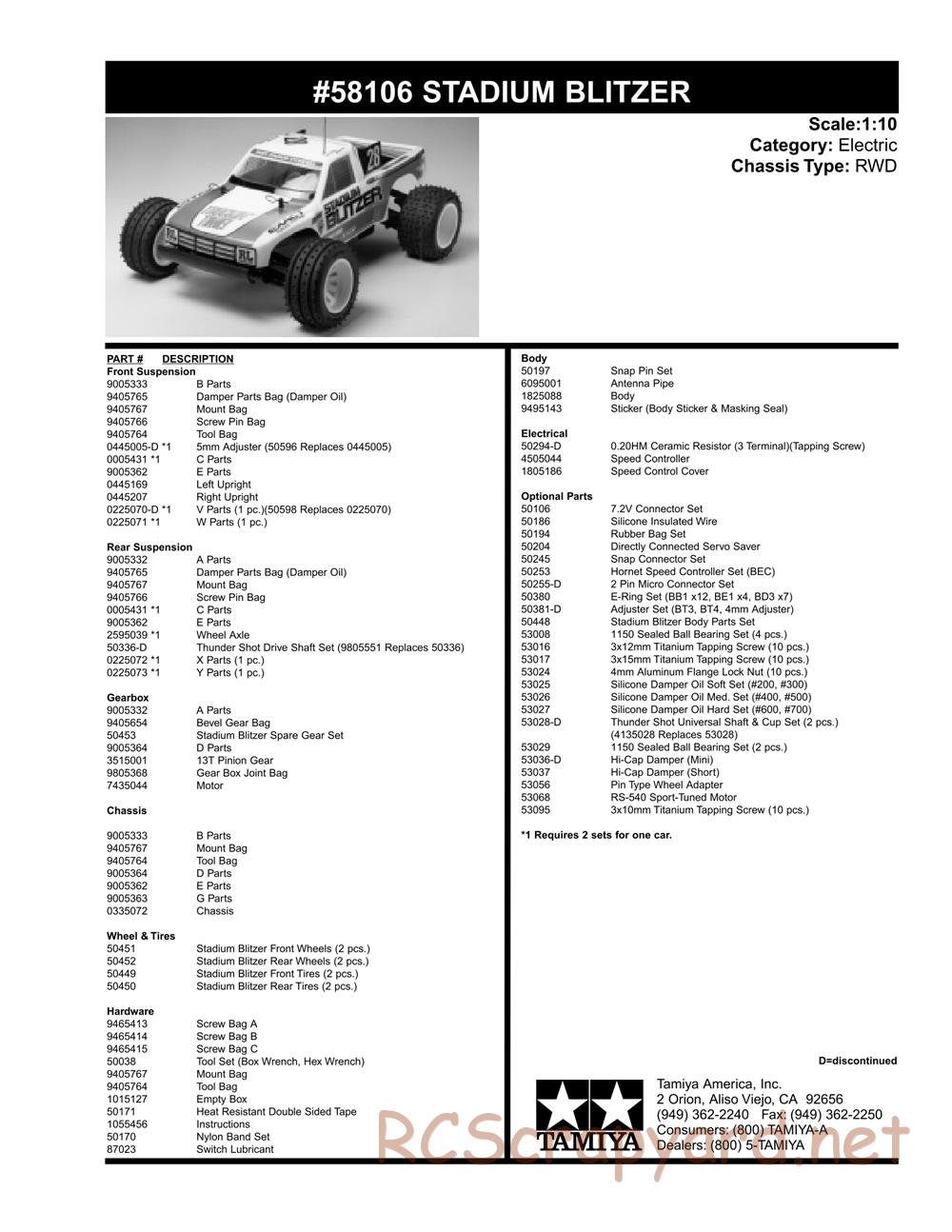 Tamiya - Stadium Blitzer Chassis - Parts List - Page 1