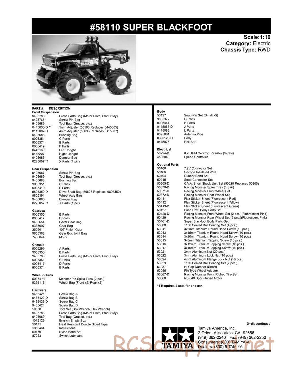 Tamiya - Super Blackfoot Chassis - Parts List - Page 1
