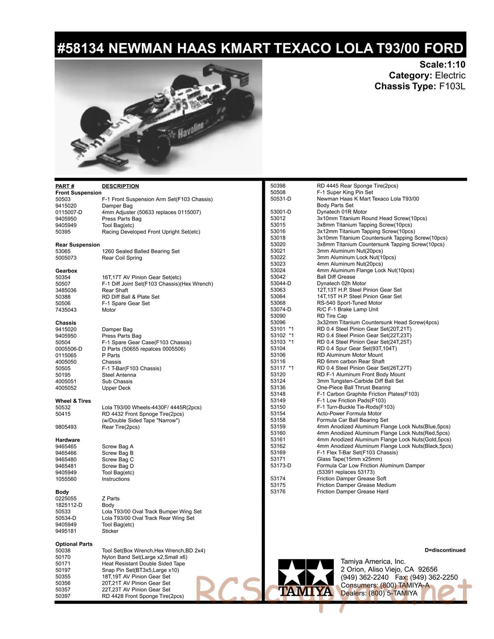 Tamiya - Newman Haas K-Mart Texaco Lola T93/00 Ford - F103L Chassis - Parts List - Page 2