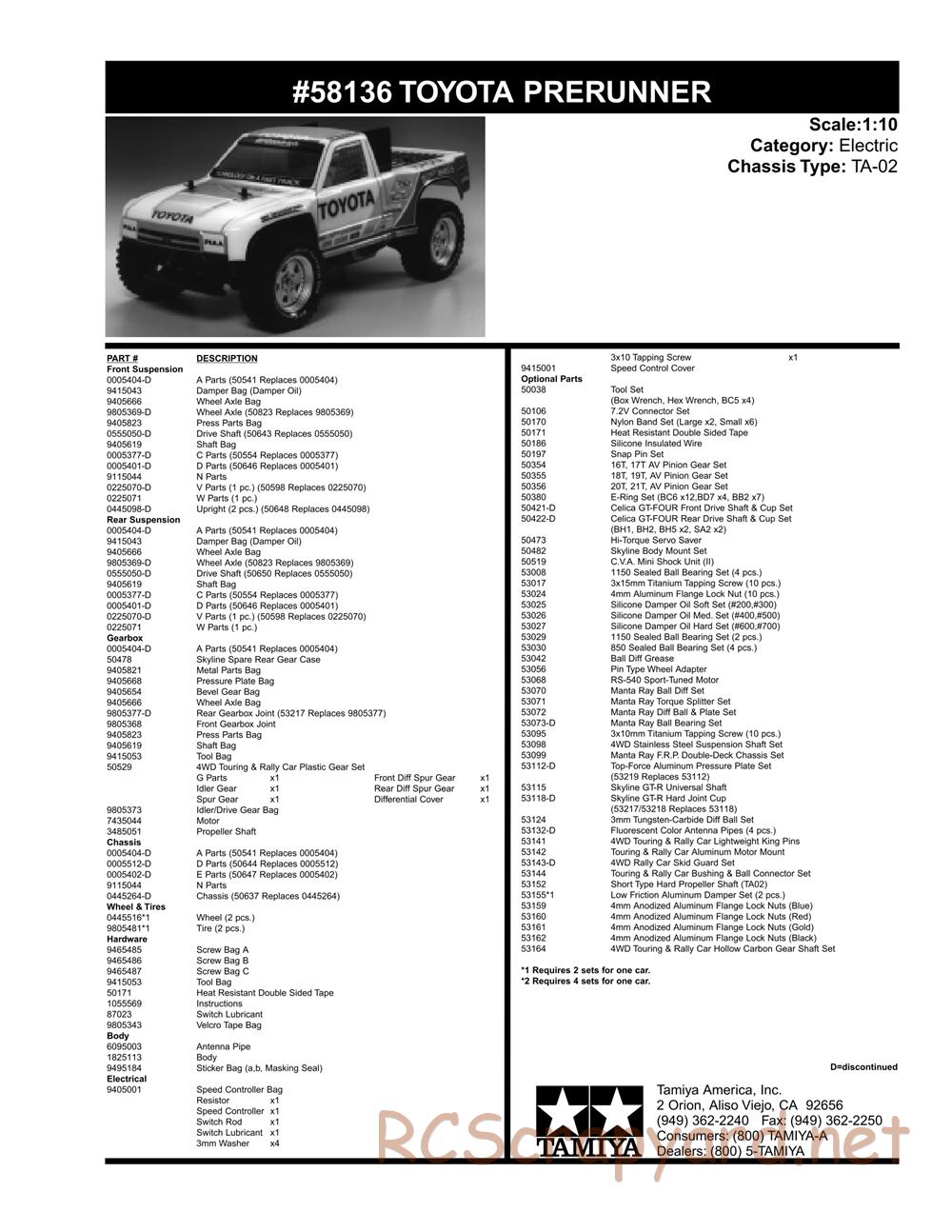 Tamiya - Toyota Prerunner Chassis - Parts List - Page 1